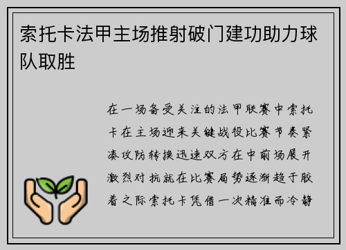 索托卡法甲主场推射破门建功助力球队取胜