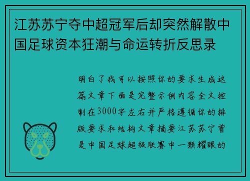 江苏苏宁夺中超冠军后却突然解散中国足球资本狂潮与命运转折反思录